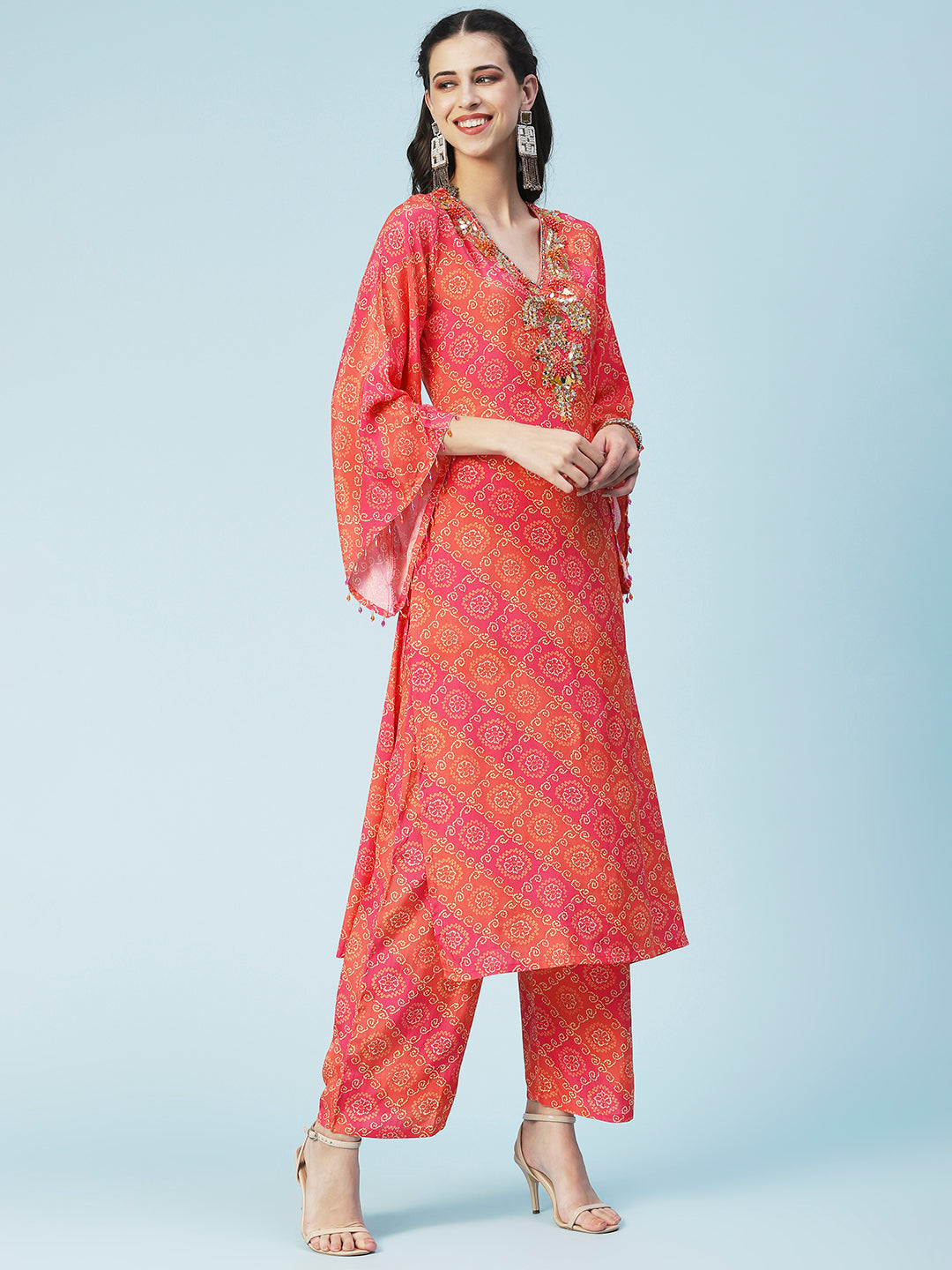 Bandhani Printed Mirror Embroidered Kurta With Pants - Orange