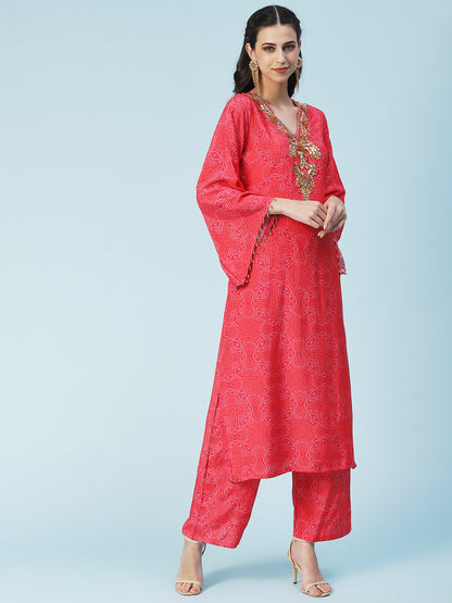 Bandhani Printed Mirror Embroidered Kurta With Pants - Red