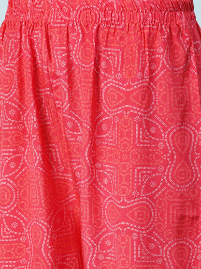 Bandhani Printed Mirror Embroidered Kurta With Pants - Red