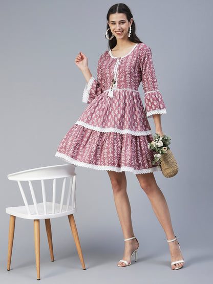 Ethnic Printed Tiered Fit & Flare Mini Dress - Mauve
