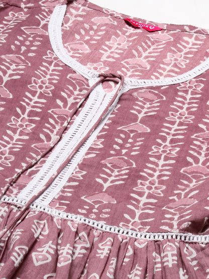 Ethnic Printed Tiered Fit & Flare Mini Dress - Mauve