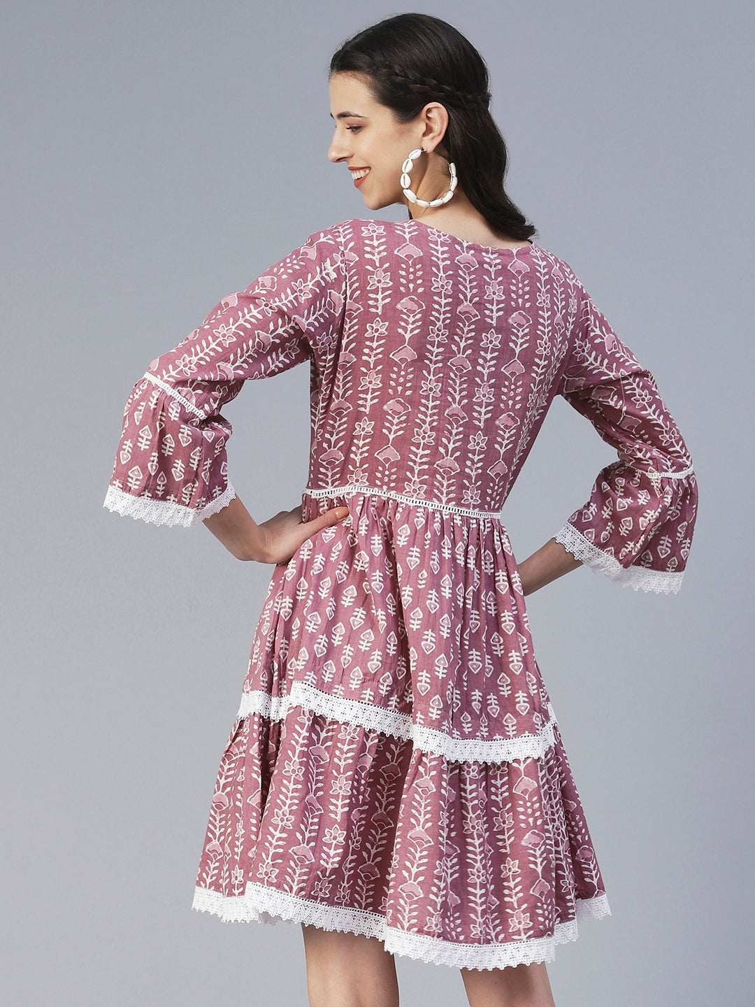 Ethnic Printed Tiered Fit & Flare Mini Dress - Mauve