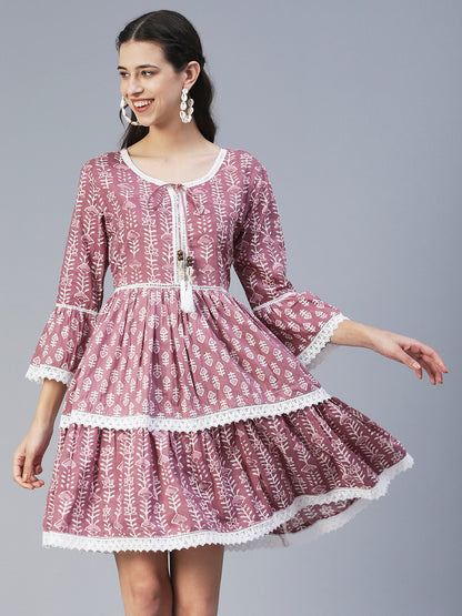Ethnic Printed Tiered Fit & Flare Mini Dress - Mauve