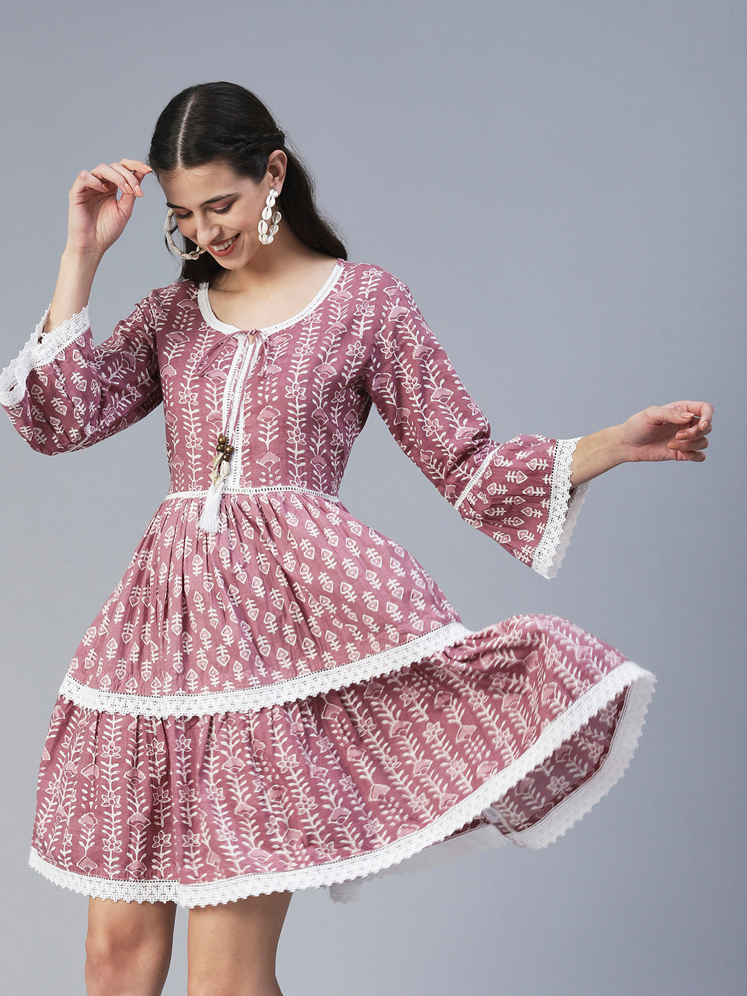 Ethnic Printed Tiered Fit & Flare Mini Dress - Mauve