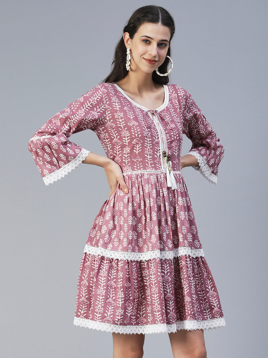 Ethnic Printed Tiered Fit & Flare Mini Dress - Mauve