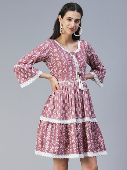 Ethnic Printed Tiered Fit & Flare Mini Dress - Mauve