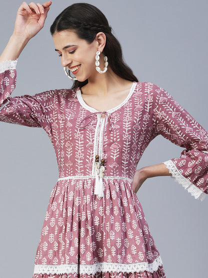 Ethnic Printed Tiered Fit & Flare Mini Dress - Mauve