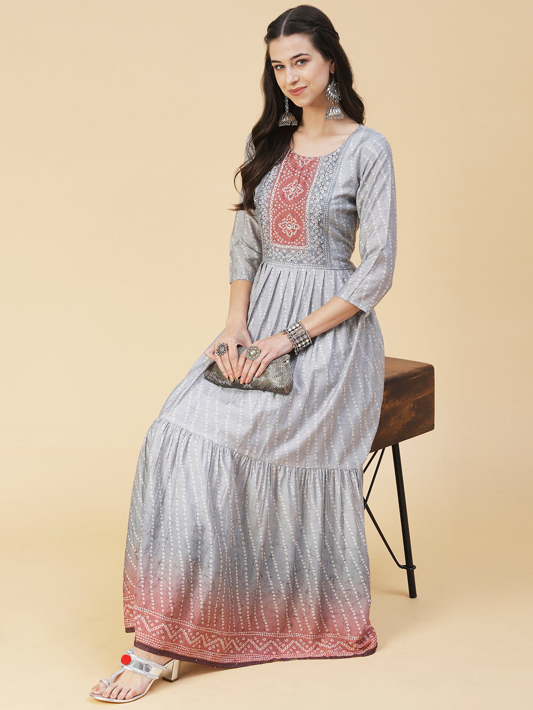 Bandhani Printed & Hand Embroidered Fit & Flare Maxi Dress - Grey