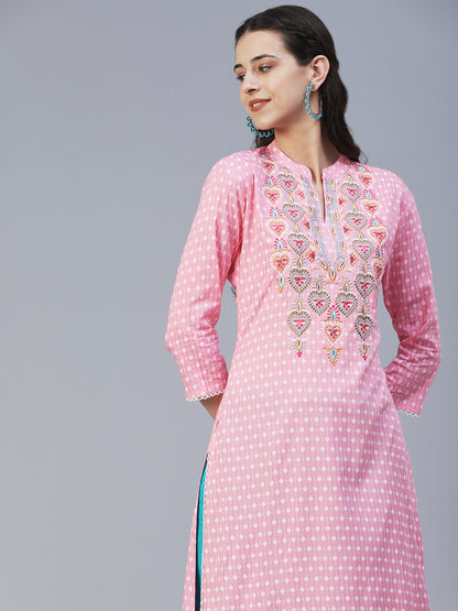 Ethnic Printed & Embroidered Straight Fit Kurta - Pink