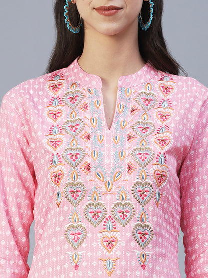 Ethnic Printed & Embroidered Straight Fit Kurta - Pink