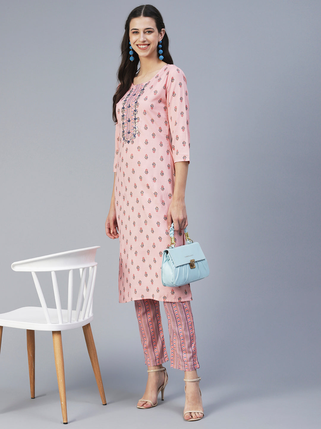 Ethnic Printed & Embroidered Straight Kurta with Pant - Pink