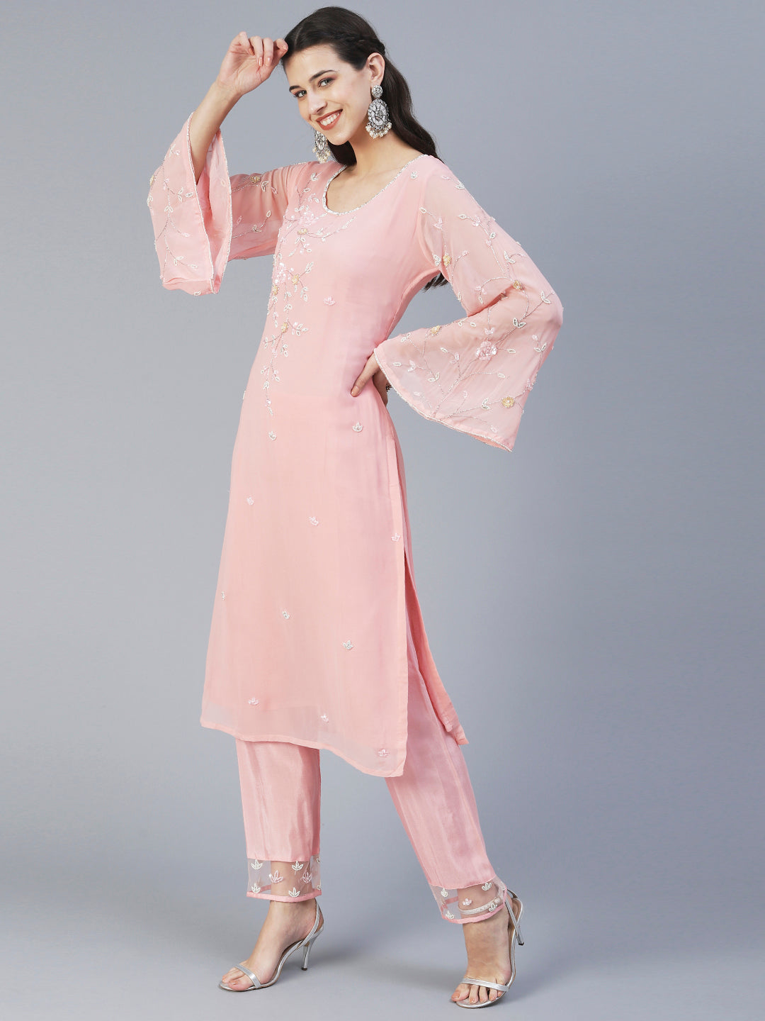 Floral Hand Embroidered Straight Kurta with Pant & Dupatta - Pink
