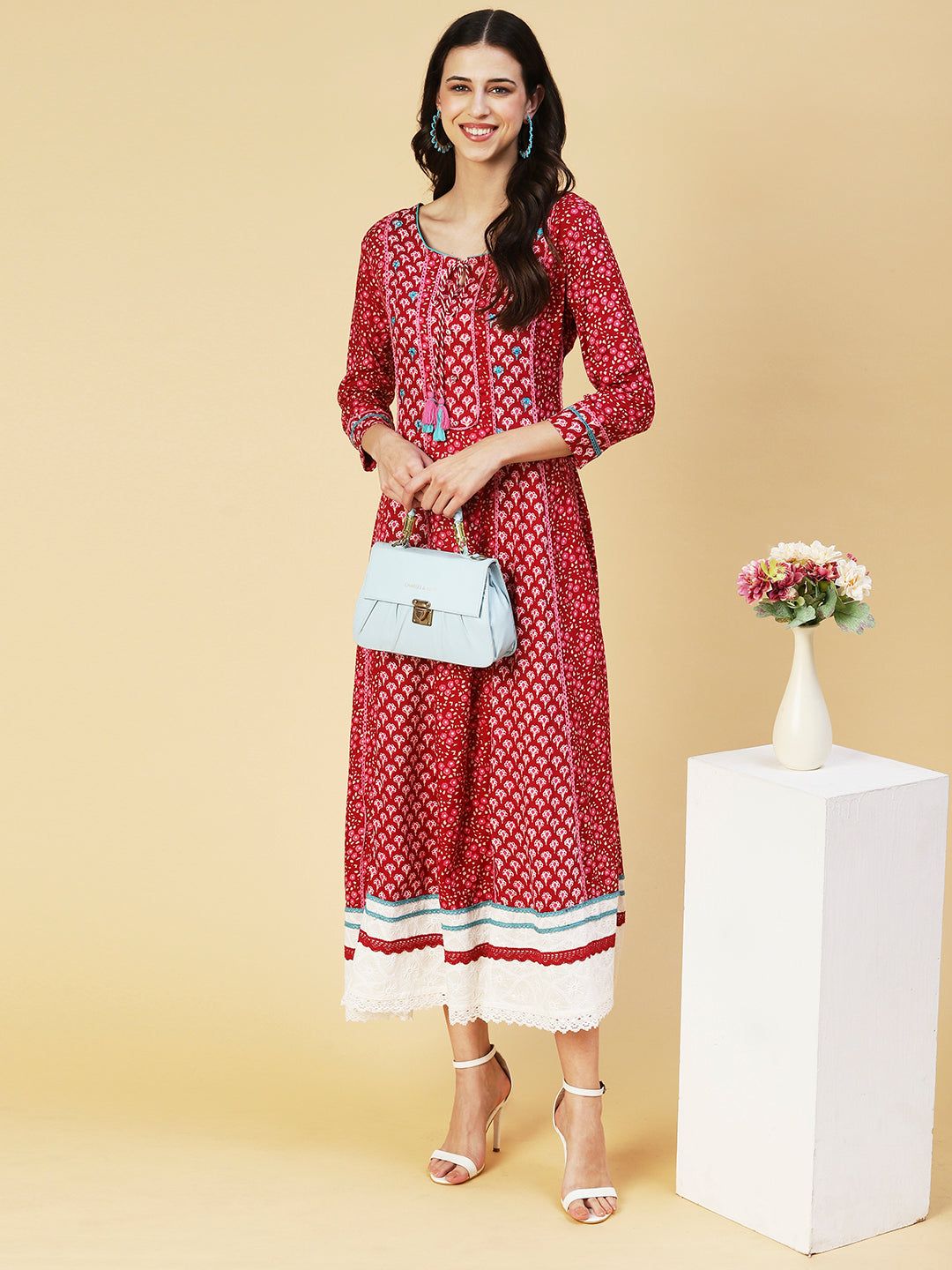 Floral Printed Embroidered Paneled Dress - Maroon