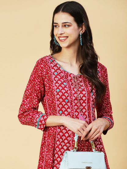 Floral Printed Embroidered Paneled Dress - Maroon