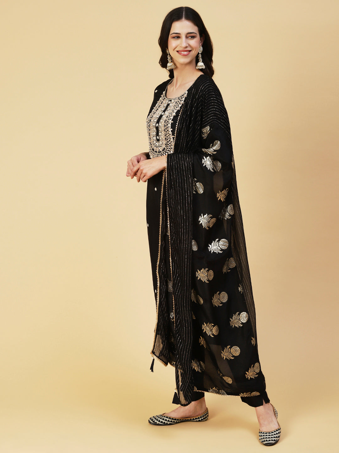Solid Hand Embroidered Straight Kurta with Pant & Dupatta - Black
