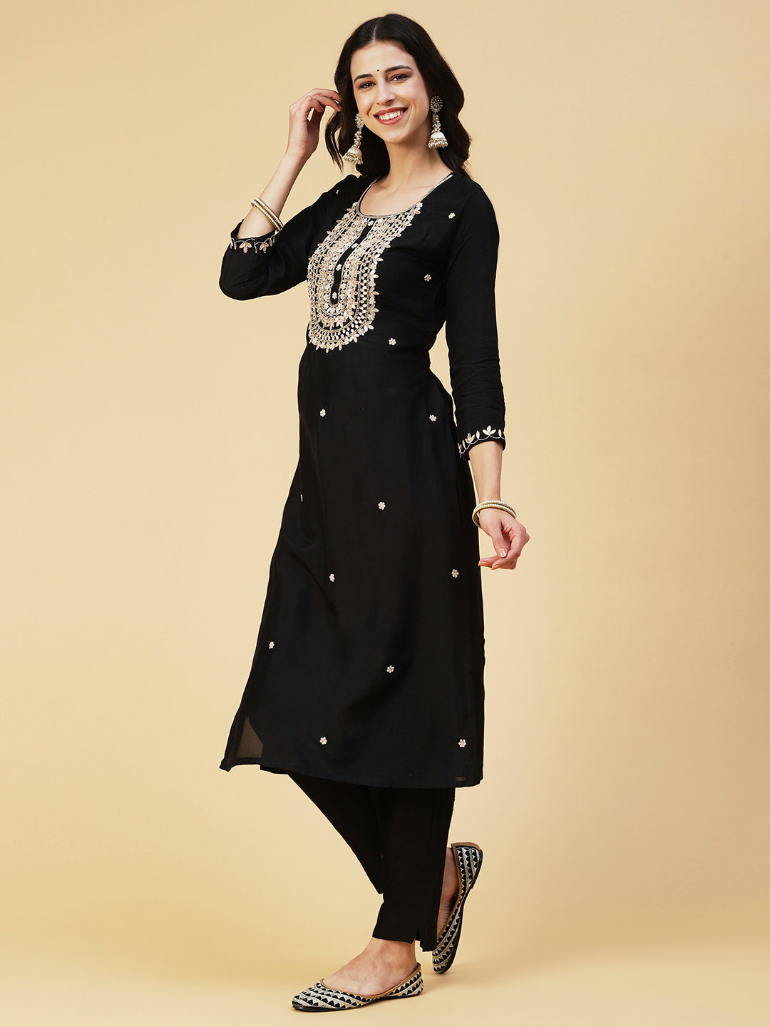 Solid Hand Embroidered Straight Kurta with Pant & Dupatta - Black