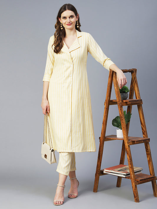Stripes Printed Double Breasted Kurta with Pants - Yellow