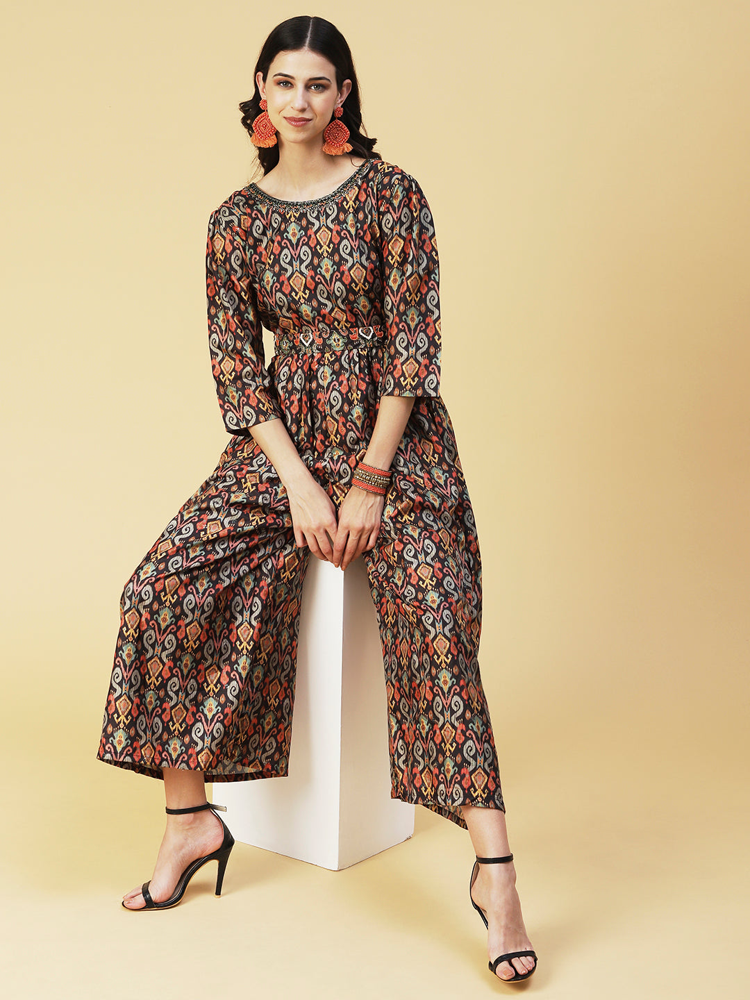 Ikkat Printed Embroidered Dress With Embroidered Belt - Multi