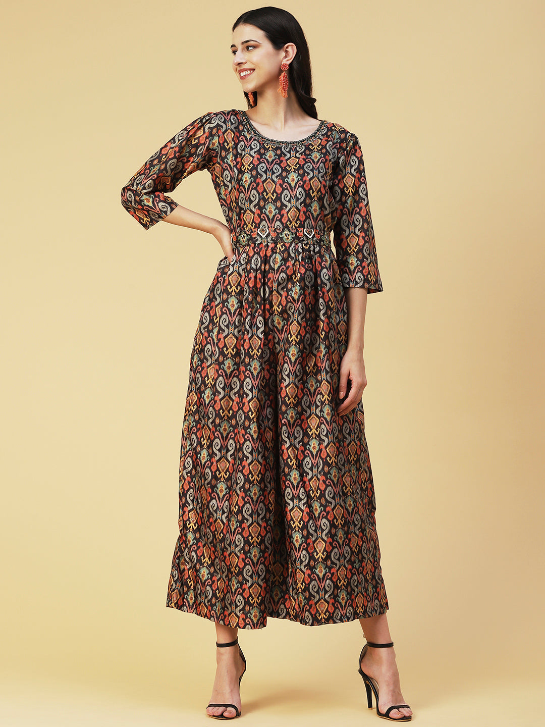 Ikkat Printed Embroidered Dress With Embroidered Belt - Multi