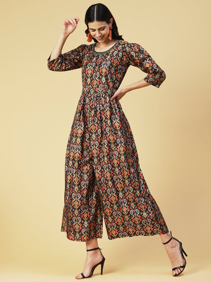 Ikkat Printed Embroidered Dress With Embroidered Belt - Multi