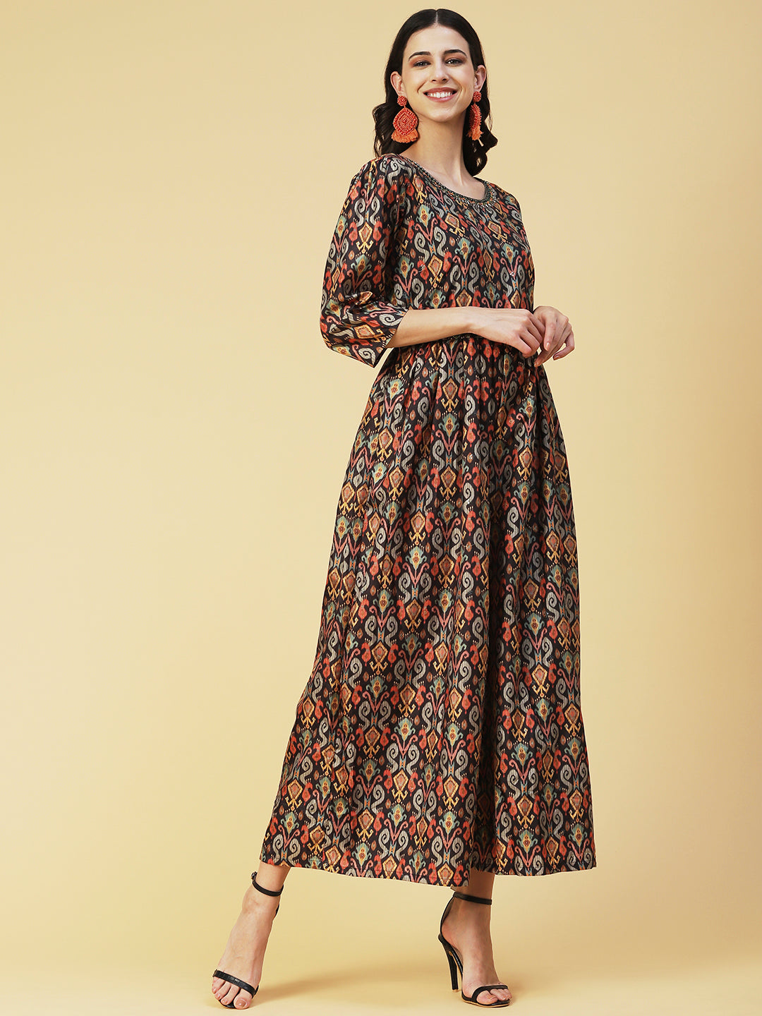 Ikkat Printed Embroidered Dress With Embroidered Belt - Multi