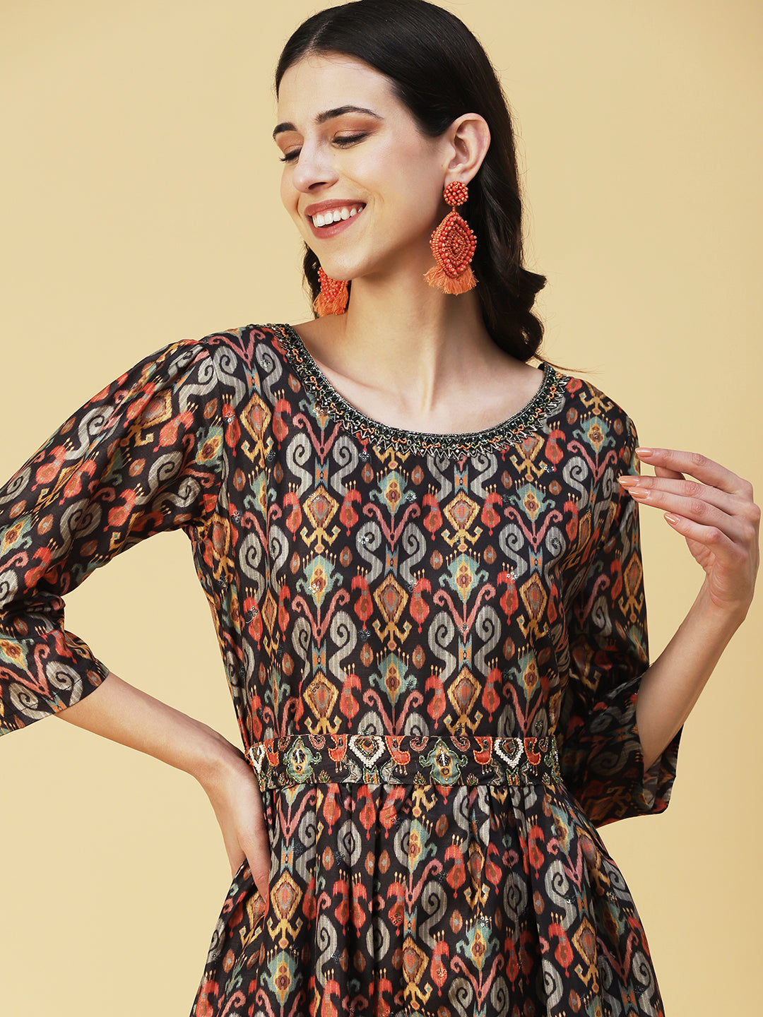 Ikkat Printed Embroidered Dress With Embroidered Belt - Multi