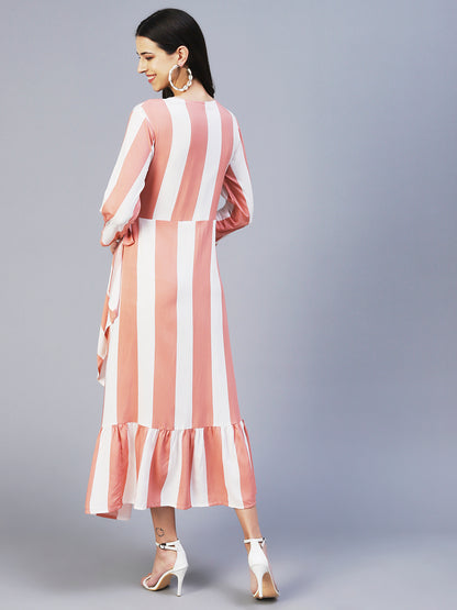 Stripes Printed Wrap Style Maxi Dress - Peach