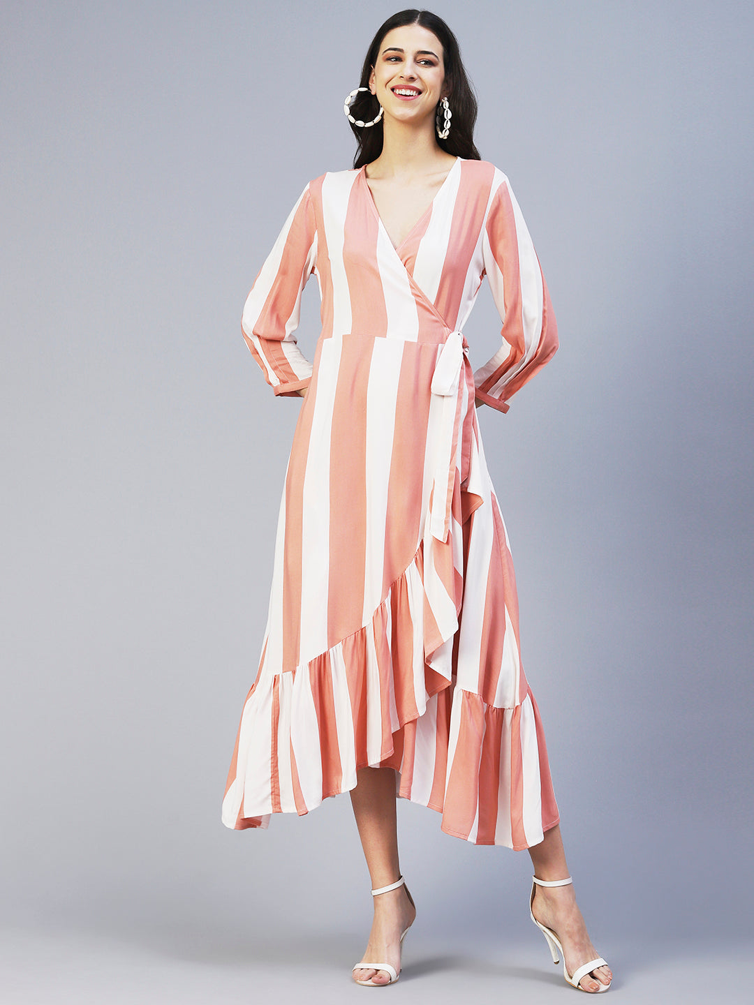 Stripes Printed Wrap Style Maxi Dress - Peach