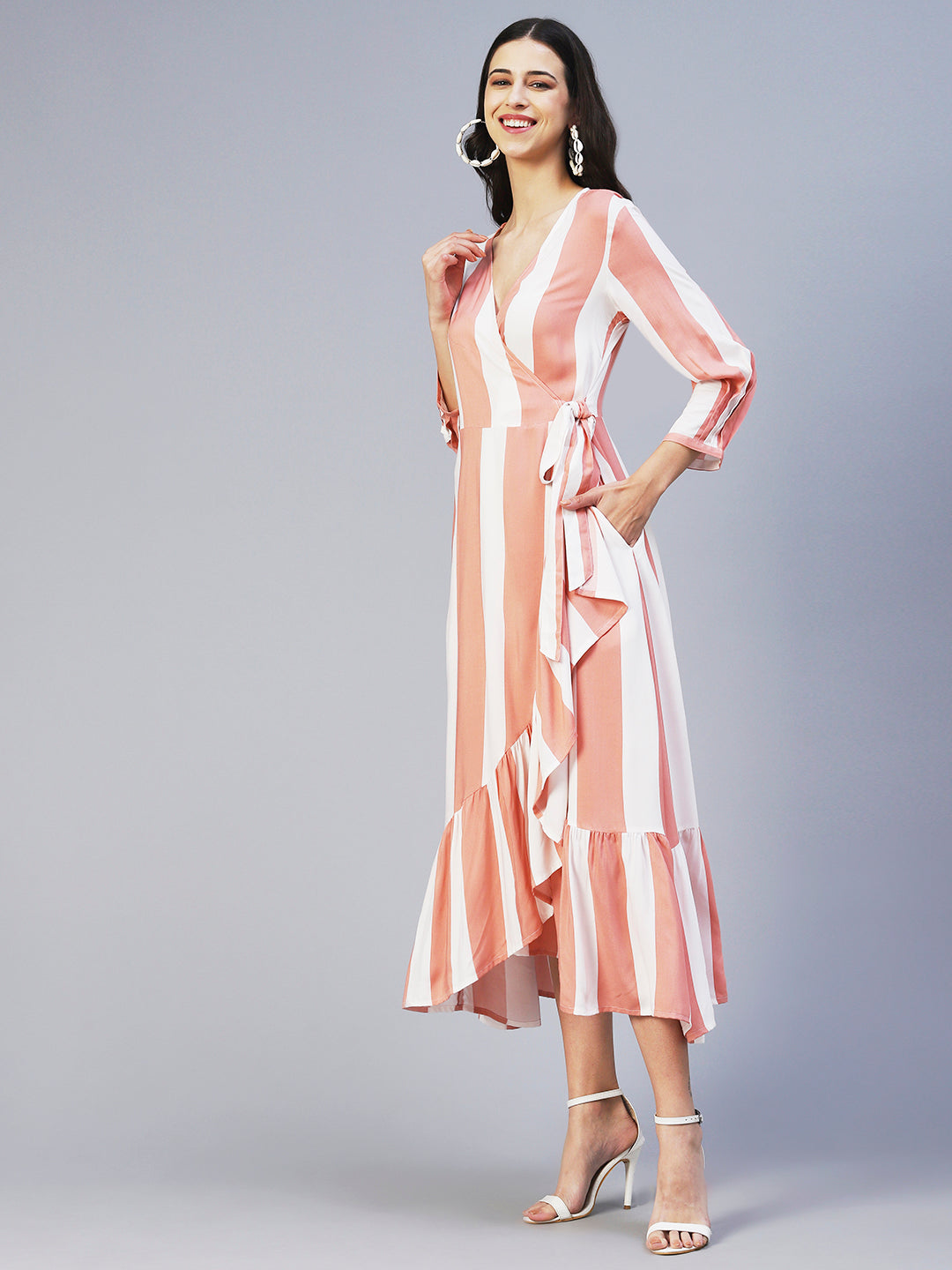 Stripes Printed Wrap Style Maxi Dress - Peach