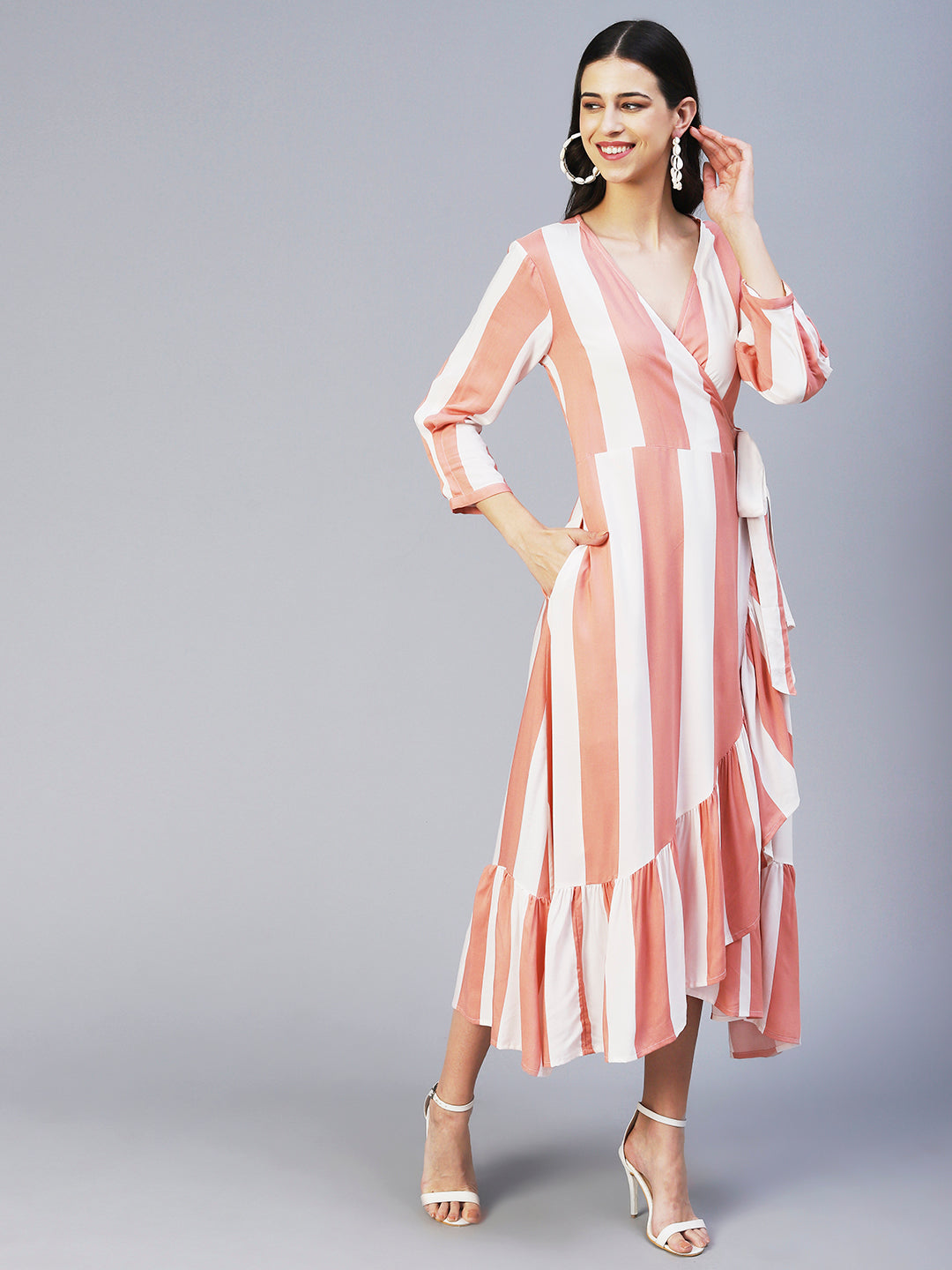 Stripes Printed Wrap Style Maxi Dress - Peach