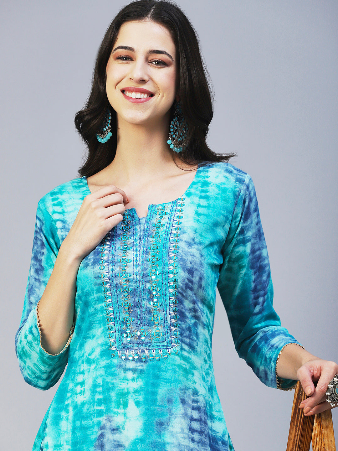 Shibori Printed Mirror Embroidered Kurta - Turquoise Blue