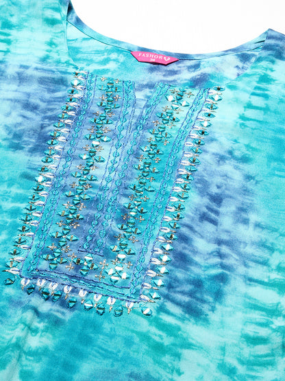 Shibori Printed Mirror Embroidered Kurta - Turquoise Blue