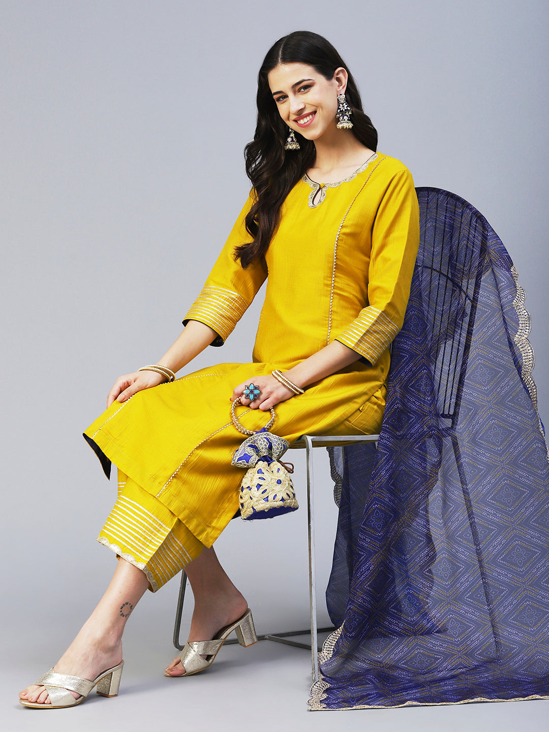 Solid Princess Cut Straight Kurta with Palazzo & Bandhani Printed Dupatta - Yellow