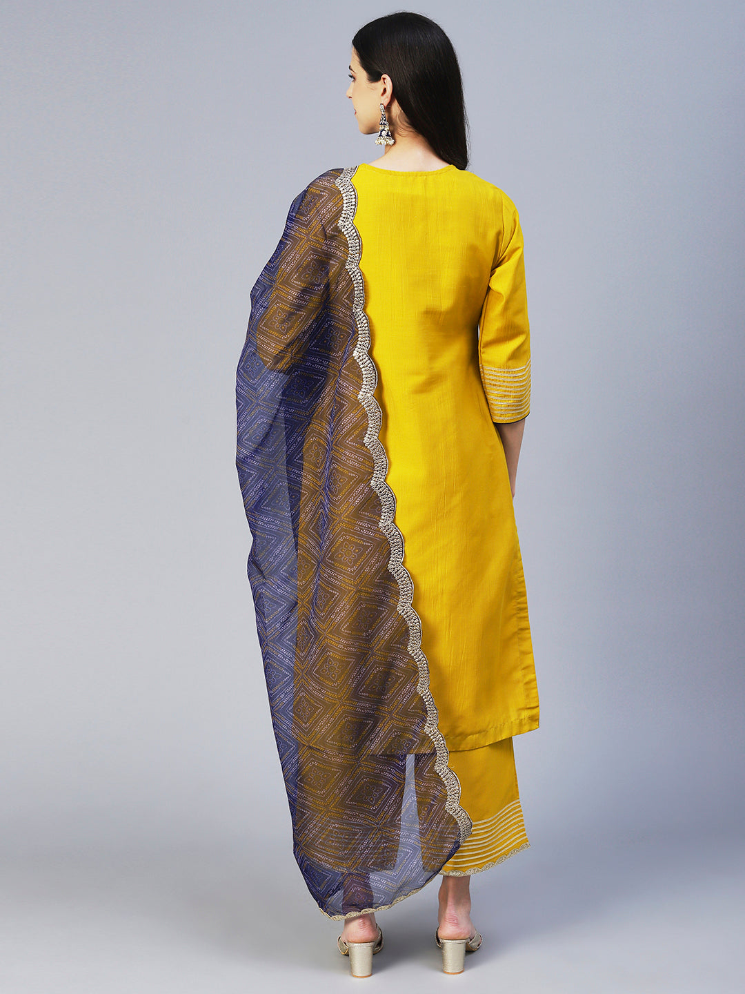 Solid Princess Cut Straight Kurta with Palazzo & Bandhani Printed Dupatta - Yellow