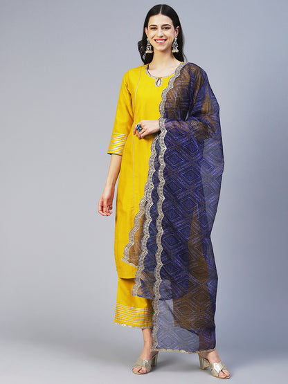 Solid Princess Cut Straight Kurta with Palazzo & Bandhani Printed Dupatta - Yellow