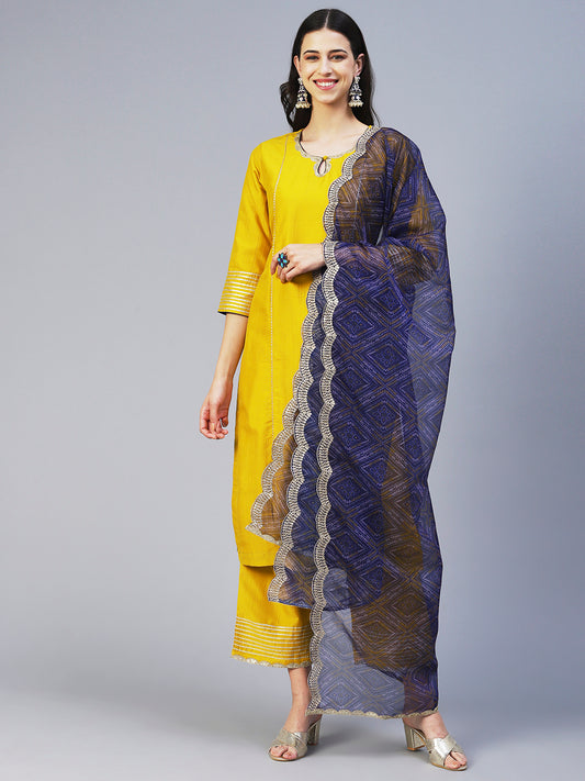 Solid Princess Cut Straight Kurta with Palazzo & Bandhani Printed Dupatta - Yellow