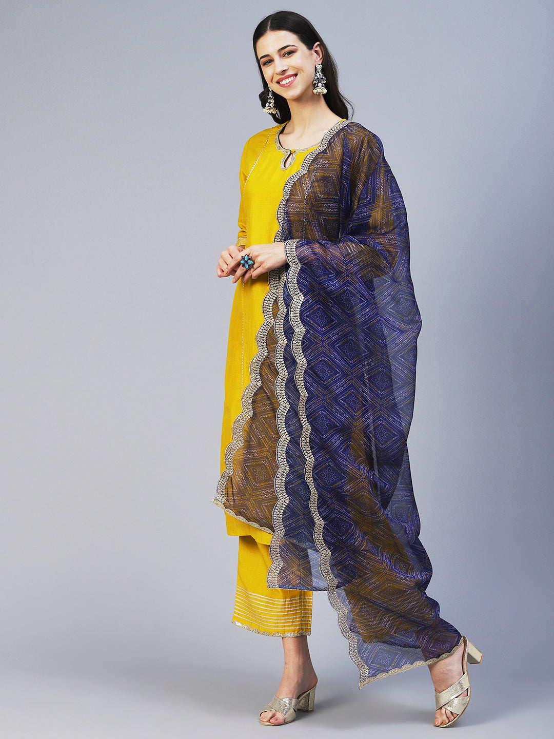 Solid Princess Cut Straight Kurta with Palazzo & Bandhani Printed Dupatta - Yellow