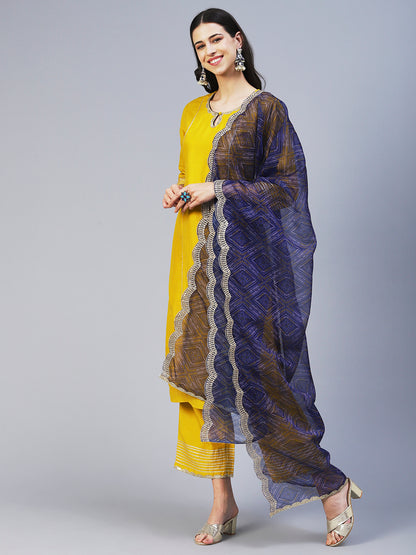 Solid Princess Cut Straight Kurta with Palazzo & Bandhani Printed Dupatta - Yellow