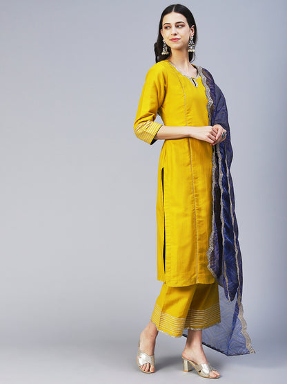 Solid Princess Cut Straight Kurta with Palazzo & Bandhani Printed Dupatta - Yellow