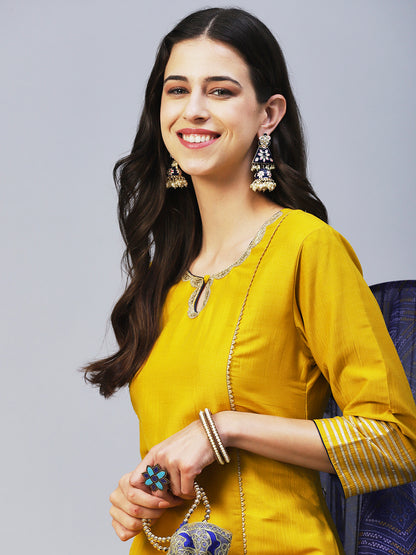 Solid Princess Cut Straight Kurta with Palazzo & Bandhani Printed Dupatta - Yellow