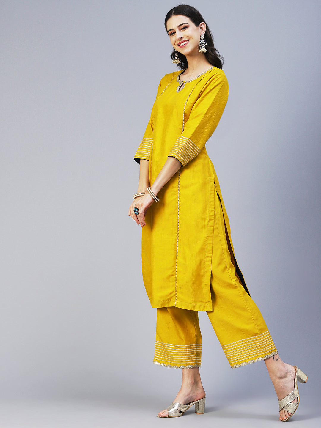 Solid Princess Cut Straight Kurta with Palazzo & Bandhani Printed Dupatta - Yellow