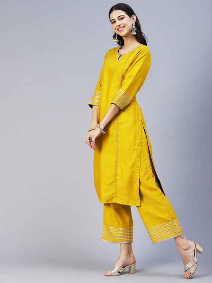 Solid Princess Cut Straight Kurta with Palazzo & Bandhani Printed Dupatta - Yellow