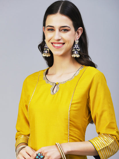 Solid Princess Cut Straight Kurta with Palazzo & Bandhani Printed Dupatta - Yellow