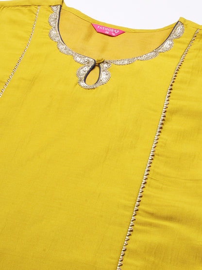 Solid Princess Cut Straight Kurta with Palazzo & Bandhani Printed Dupatta - Yellow