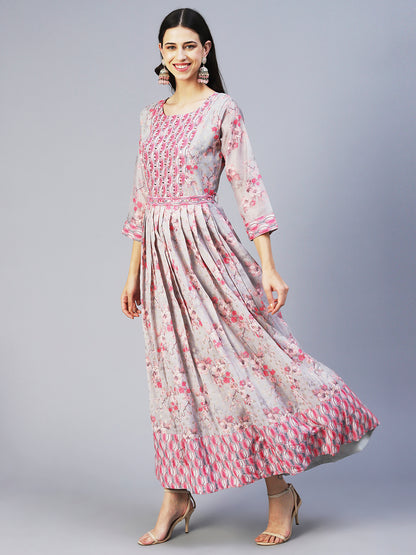 Floral Printed Mirror Embroidered Jacquard Dress With Embroidered Belt - Grey