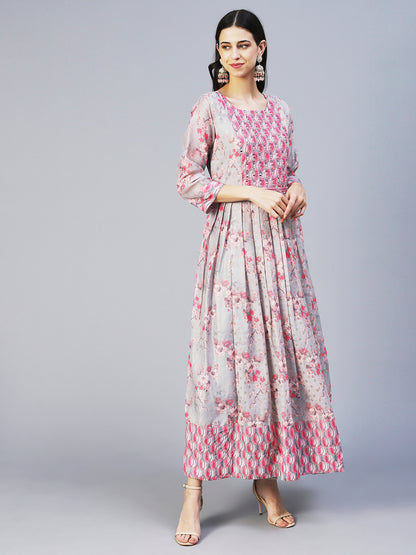 Floral Printed Mirror Embroidered Jacquard Dress With Embroidered Belt - Grey