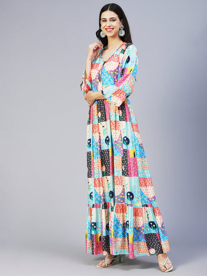 Bohemian Printed Hand Embroidered Maxi Dress - Multi