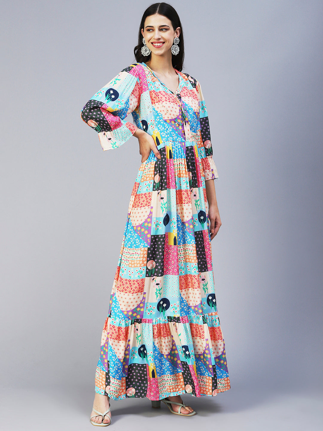 Bohemian Printed Hand Embroidered Maxi Dress - Multi
