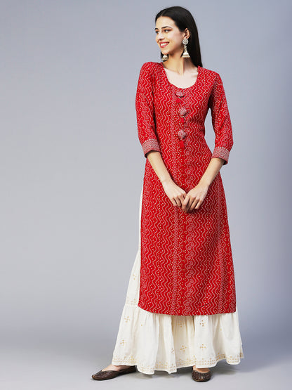 Bandhani Printed Zari & Sequins Embroidered Tasseled Kurta - Magenta