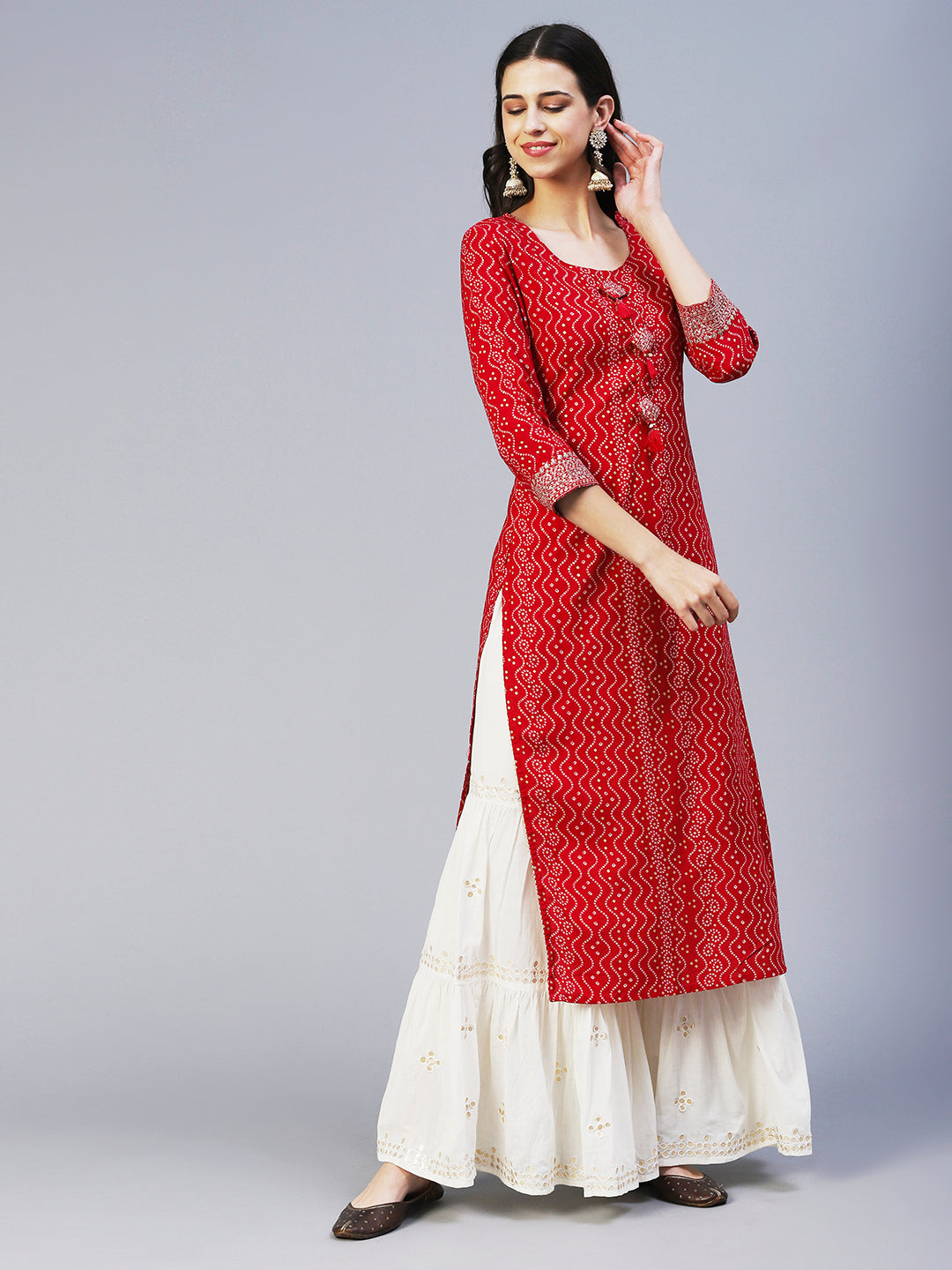 Bandhani Printed Zari & Sequins Embroidered Tasseled Kurta - Magenta